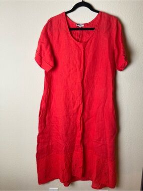 Rosemarine Red Linen Eyelet Hem Dress Sz Medium Coastal Lagenlook Made in Italy